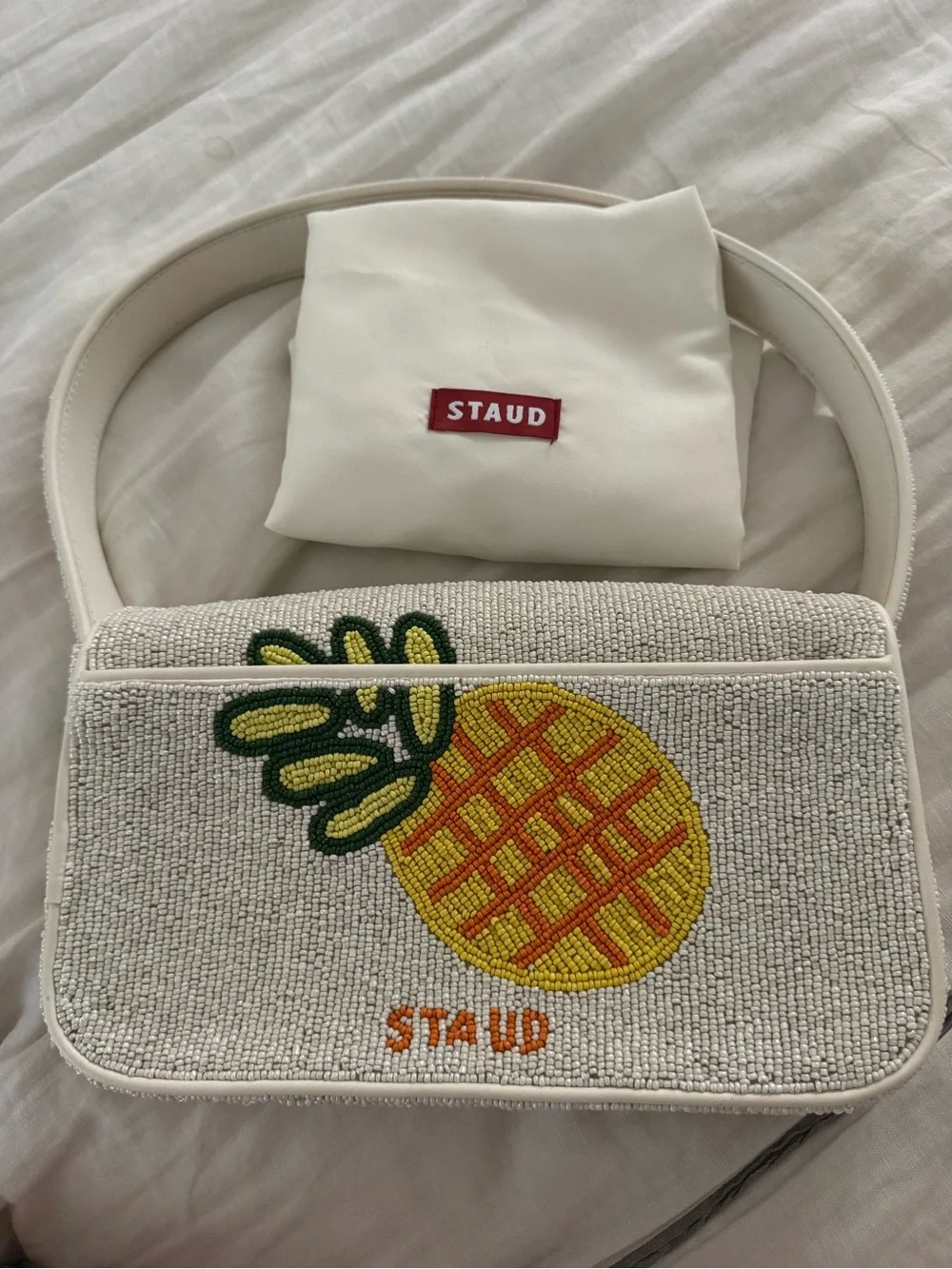 Staud Tommy White Beaded Fruit-Embroidered Shoulder Bag